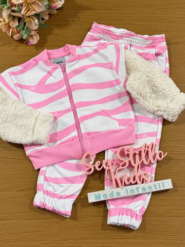 Conjunto Infantil Catavento Inverno Calça e Moletom Flanelado Listras Rosa