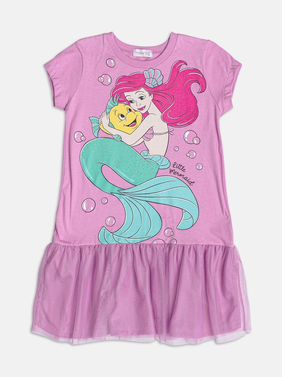 Vestido Infantil Momi Verão com Tule Lilás Pequena Sereia Disney