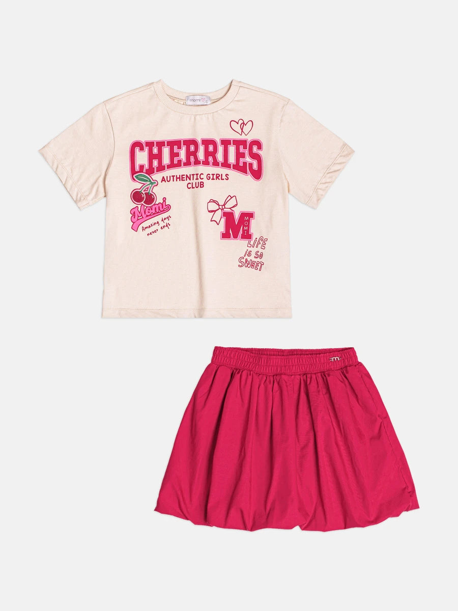 Conjunto Infantil Momi Inverno com Saia  Balonê Vermelha e Blusa Manga Curta Cherries