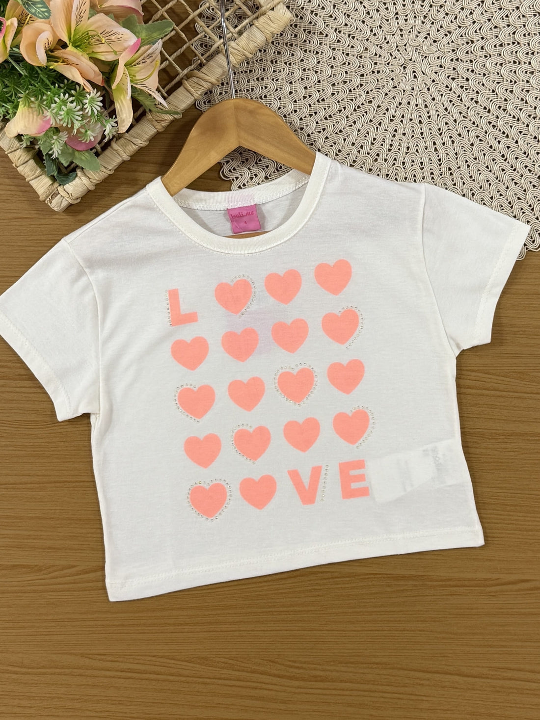 Conjunto Infantil Belime Verão com Shorts Laranja e Blusa Branca Love Corações