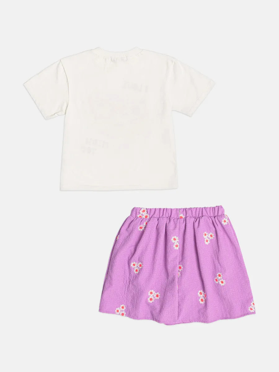 Conjunto Infantil Menina Bimbi Saia Roxa Florzinhas e Blusa Gatinha Strass