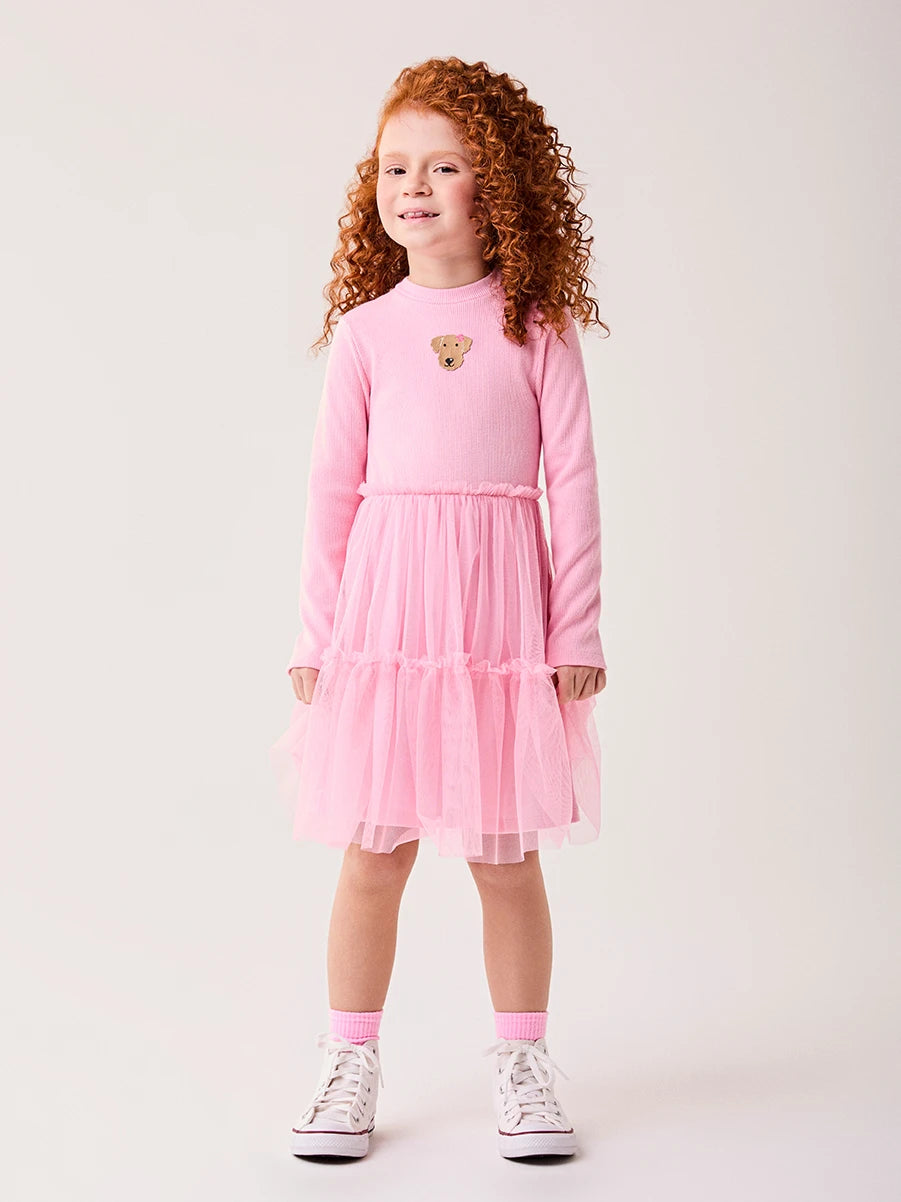Vestido Infantil Bimbi Inverno com Tule Rosa Cachorrinha
