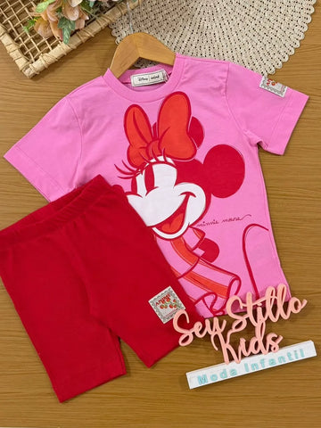 Conjunto Infantil Menina Animê com Shorts Ciclista Vermelho e Blusa Rosa Minnie Disney