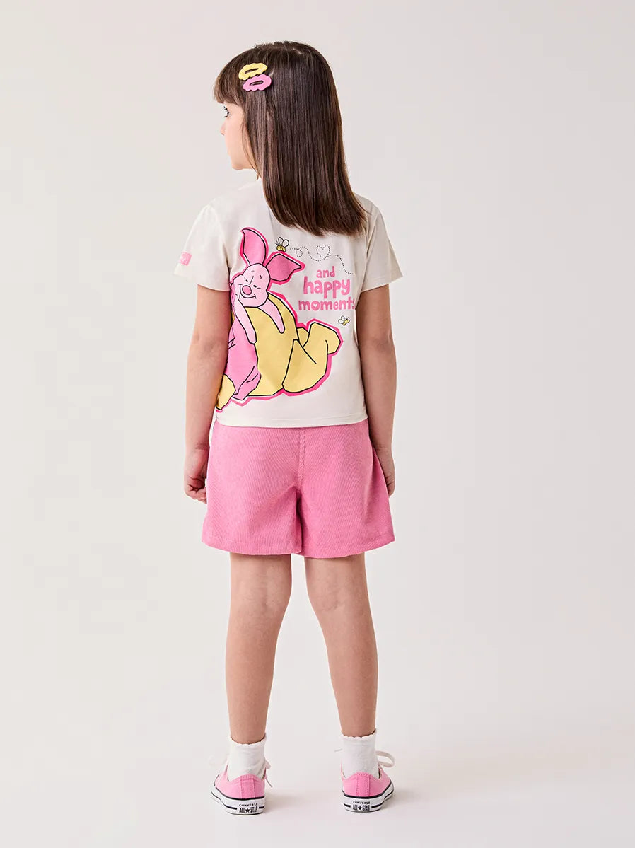 Conjunto Infantil Bimbi Inverno com Shorts Rosa e Blusa Bege Manga Curta Ursinho Pooh Friends