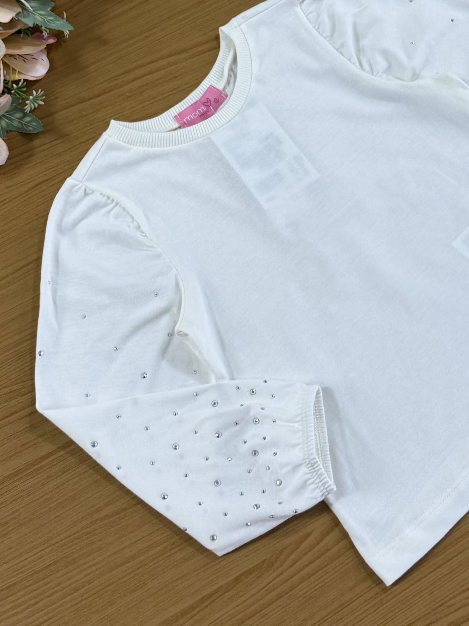 Blusa Infantil Momi Inverno Manga Longa Off White com Strass
