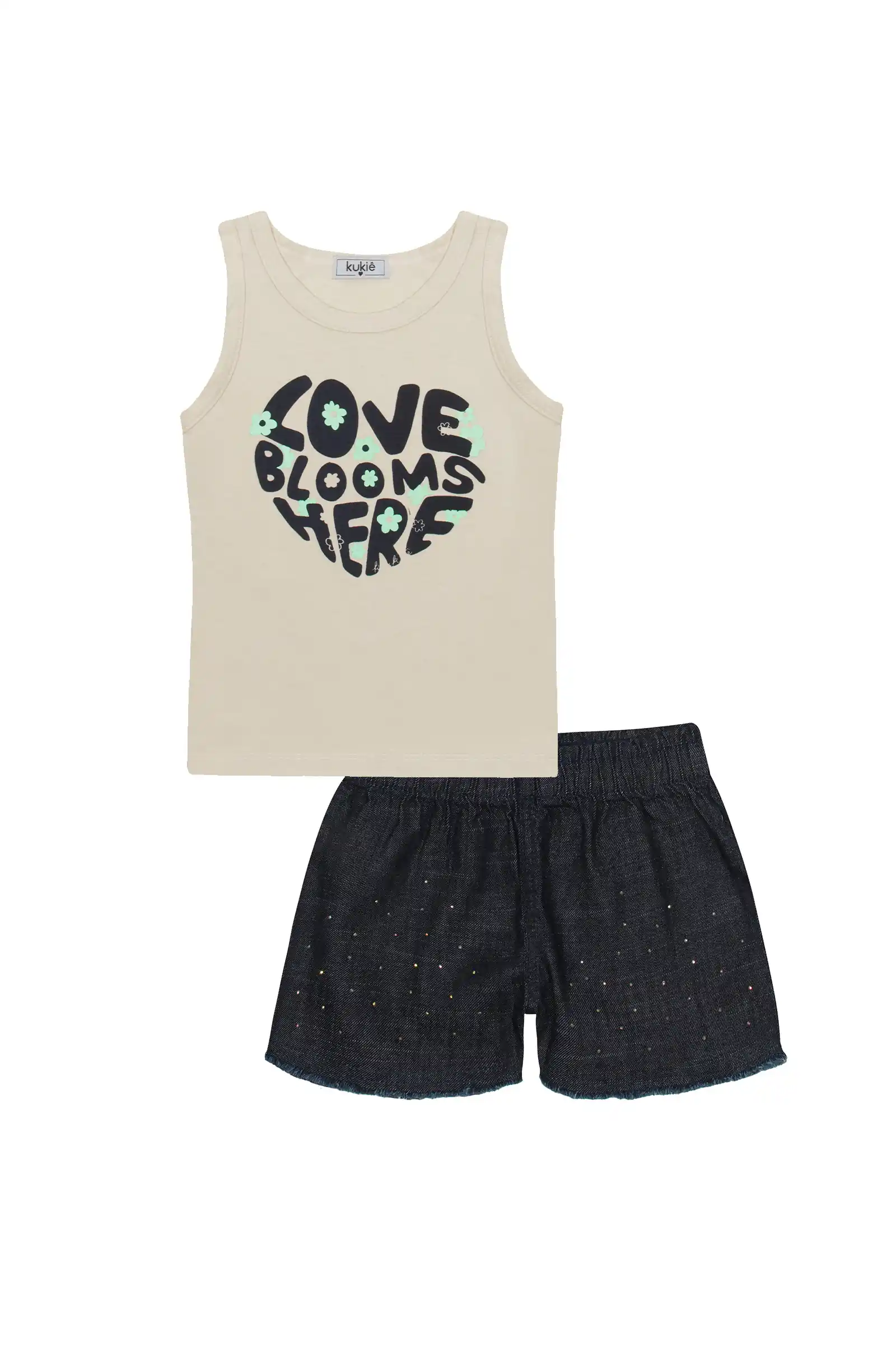 Conjunto Infantil Kukiê com Shorts Jeans e Regata Love