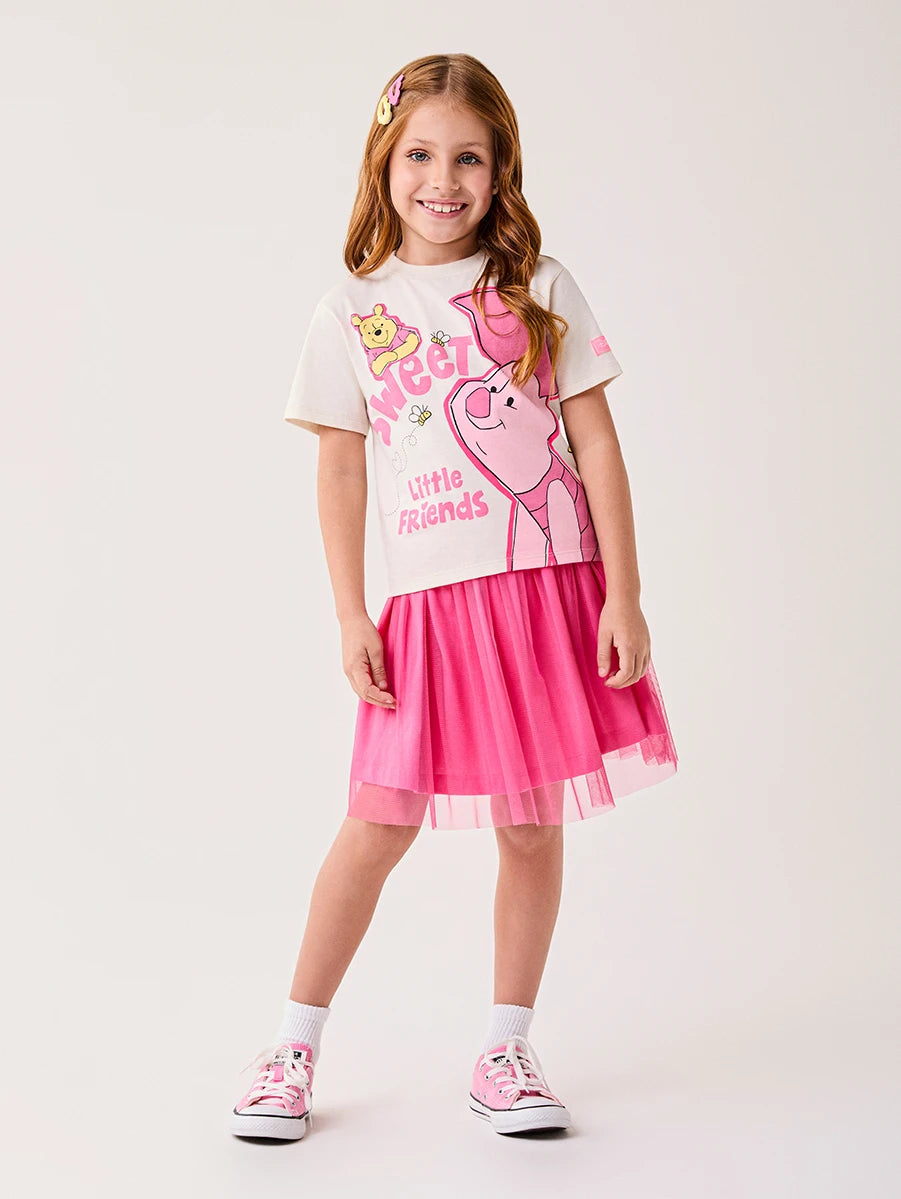 Conjunto Infantil Bimbi Inveno com Saia Rosa e Blusa Manga Curta Pooh e Leitão Disney
