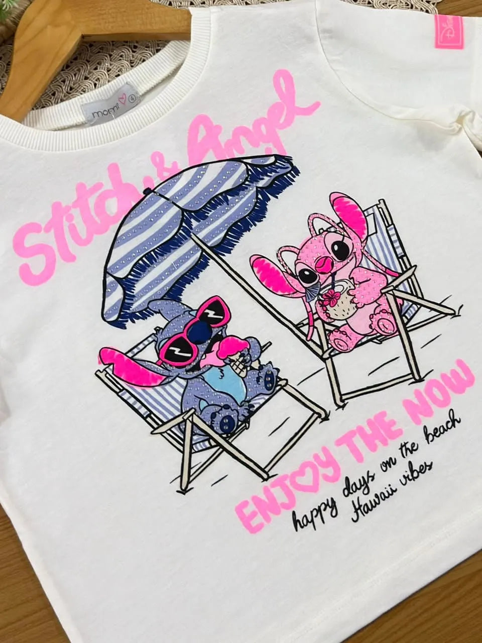 Blusa Infantil Menina Momi Stitch e Angel Verão Strass Disney