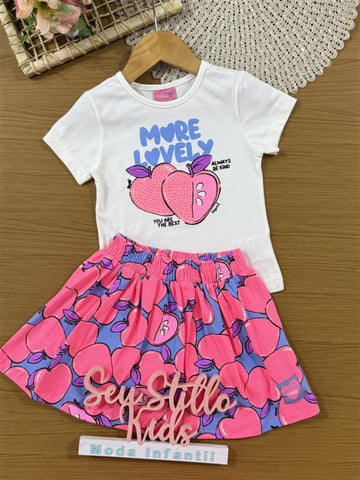 Conjunto Infantil Momi Verão com Saia Azul e Blusa Branca Frutinha