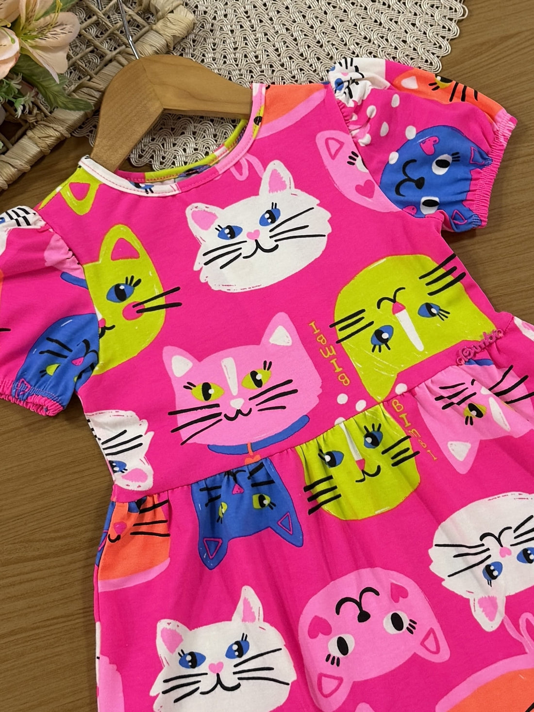 Vestido Infantil Bimbi Verão Rosa Gatinhas