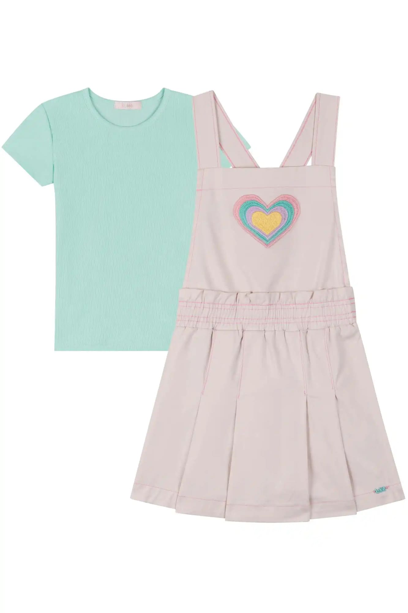 Salopete Infantil Kukiê Verão Off White Coração com Blusa Verde