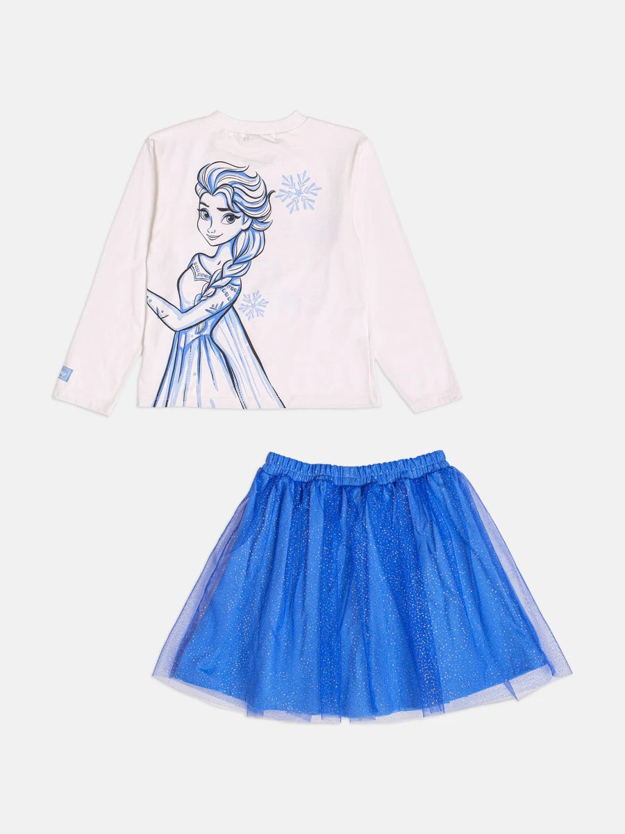 Conjunto Infantil Bimbi Inverno com Saia Azul em Tule e Blusa Manga Longa Olaf Strass Disney