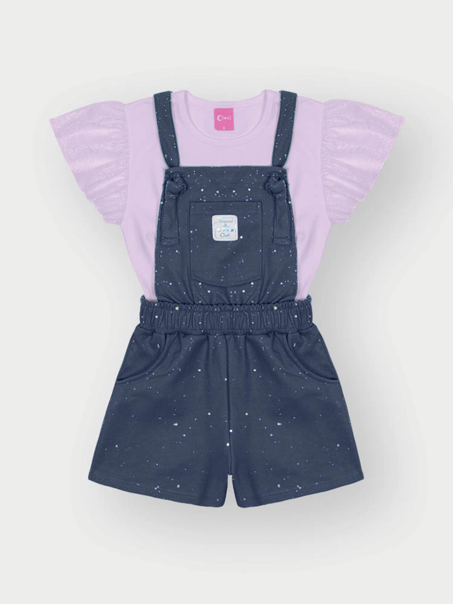 Jardineira Infantil Cinti Verão Azul com Blusa Lilás