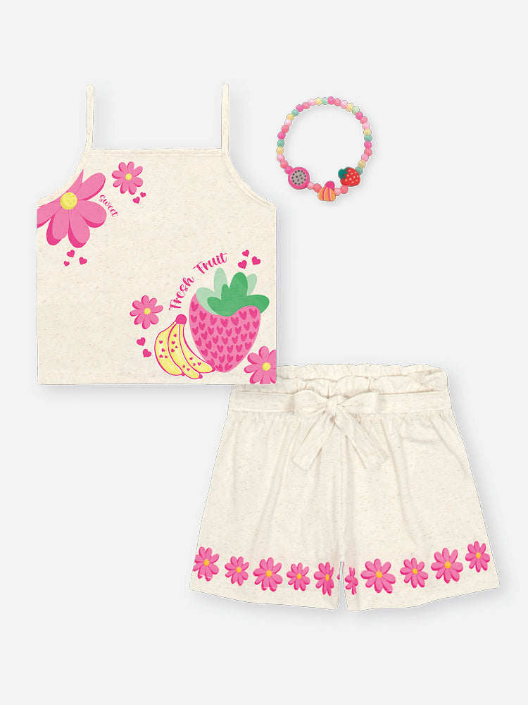 Conjunto Infantil Cinti Verão, Shorts e Regata Off White Frutinhas com Pulseira