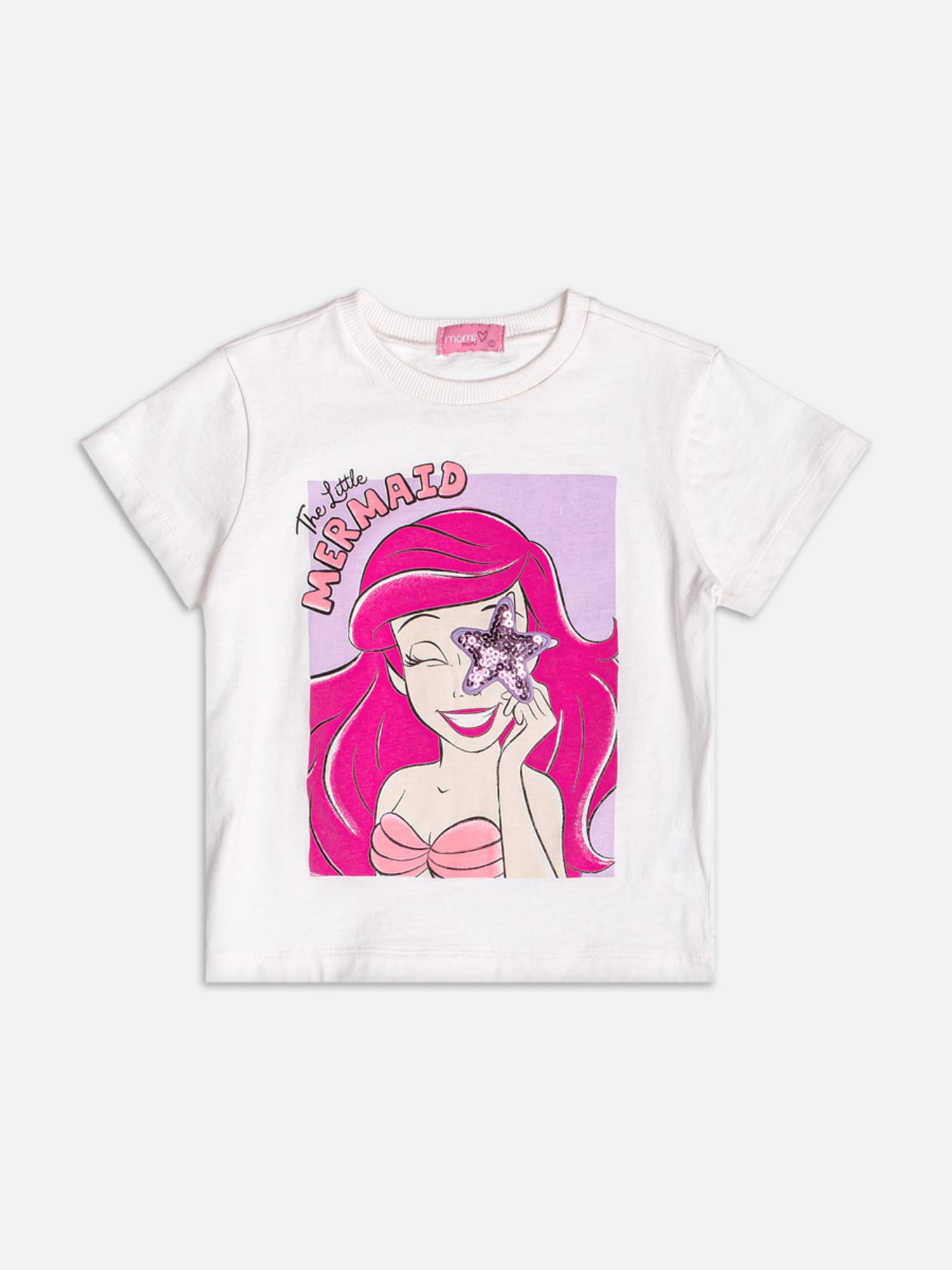 Conjunto Infantil Momi Verão com Shorts Ciclista Lilás e Blusa Branca Ariel Disney
