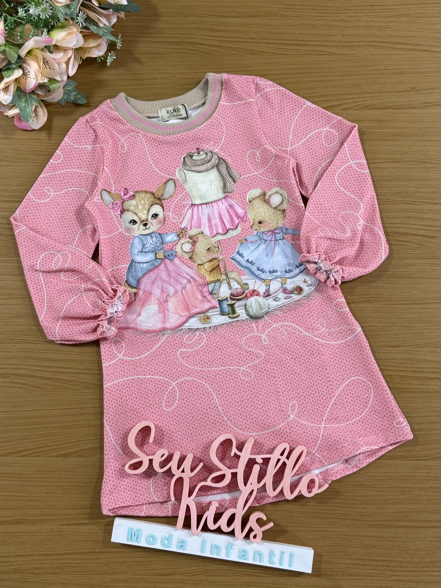 Vestido Infantil Kukie Inverno Rosa Rena Costureira