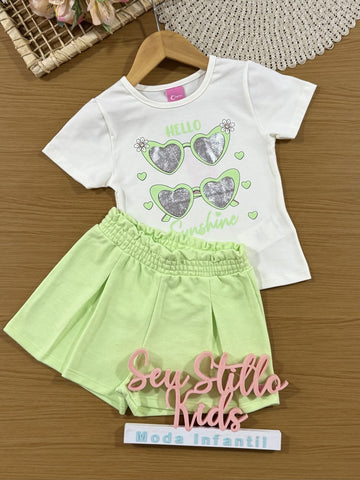 Conjunto Infantil Cinti com Shorts Verde e Blusa Hello Sunshine
