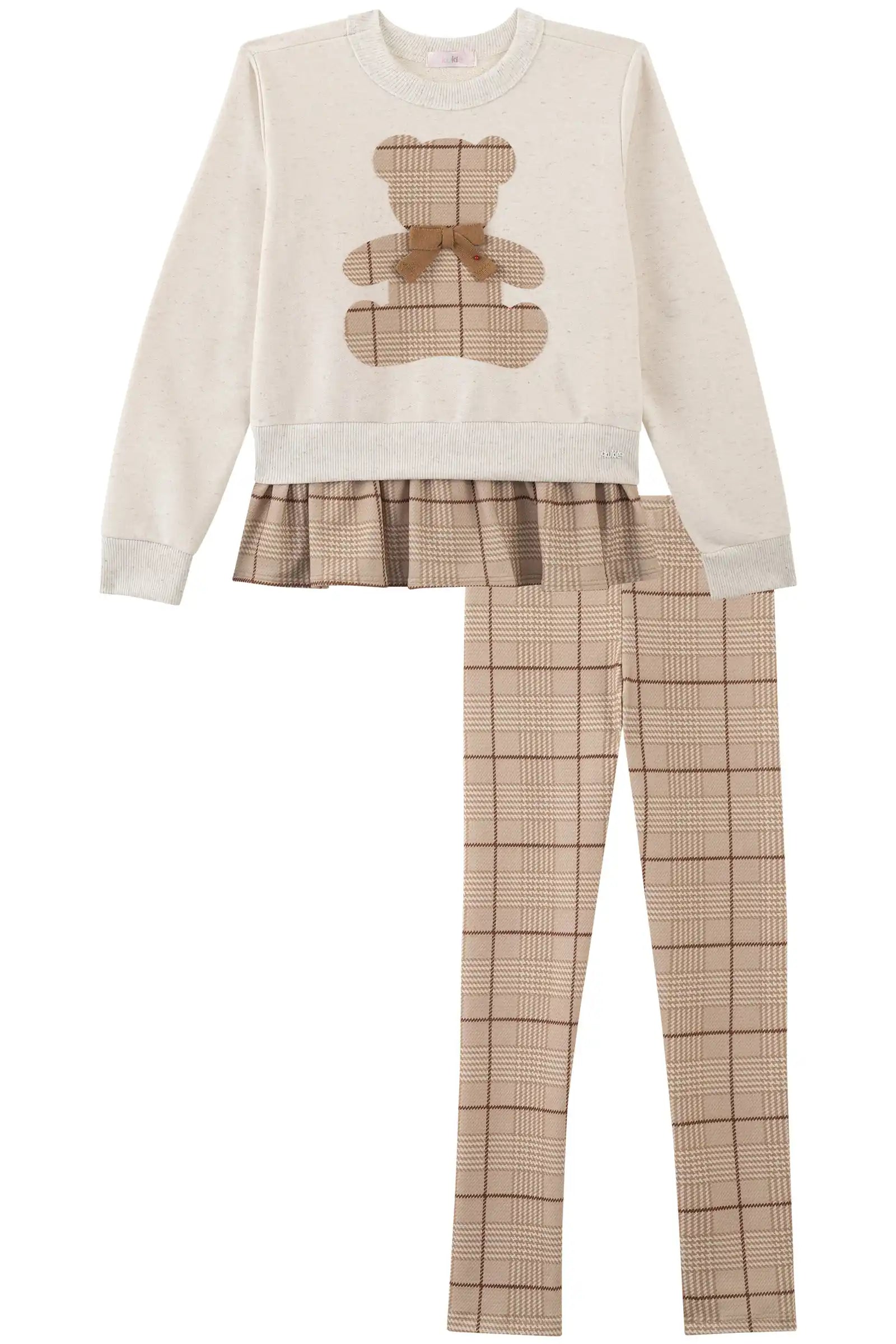 Conjunto Infantil Kukiê Inverno com Calça Legging Xadrez e Moletom sem Flanela Ursinho Lacinho
