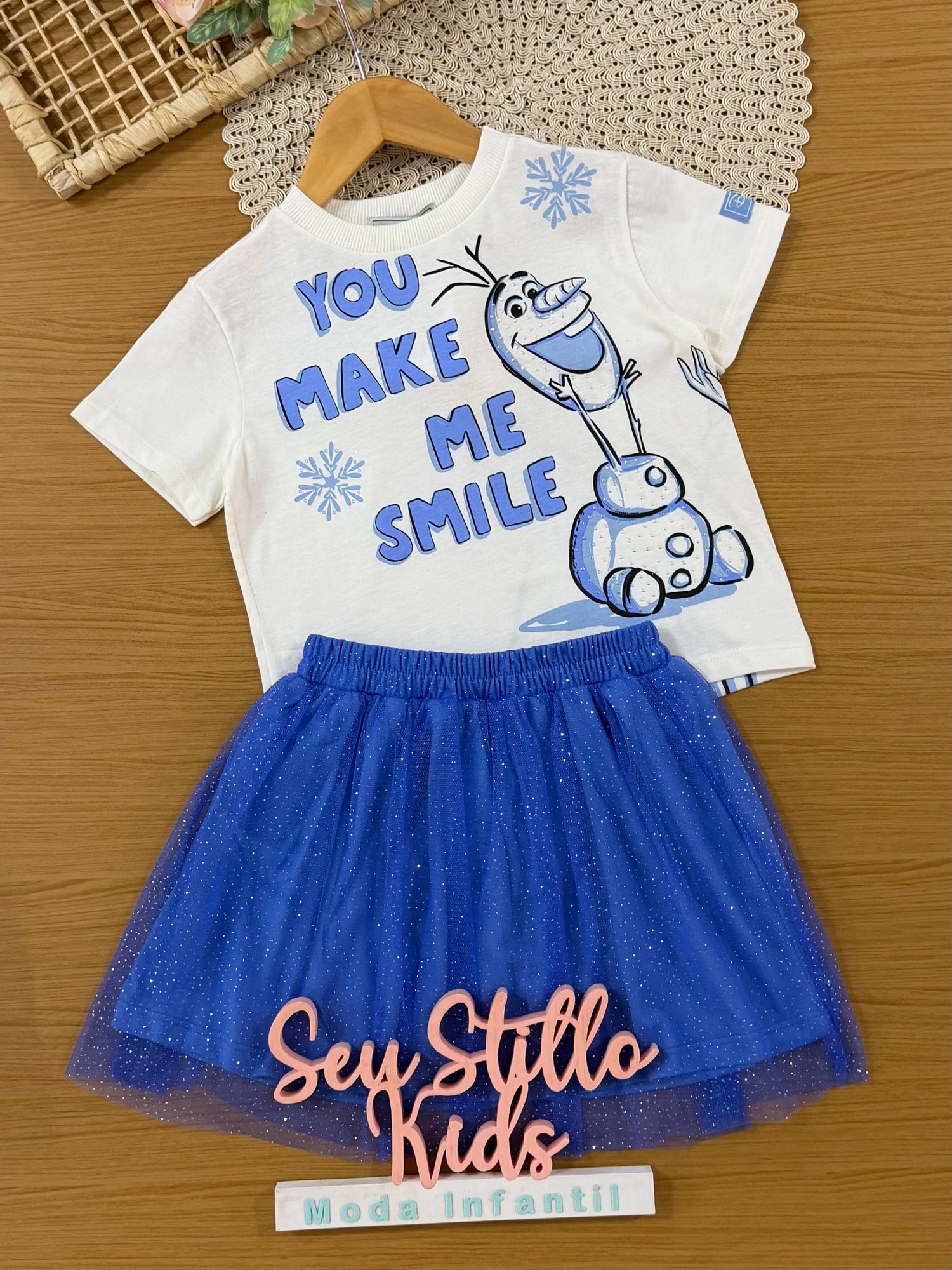 Conjunto Infantil Bimbi Inverno com Saia em Tule Azul e Blusa Manga Curta Olaf Disney