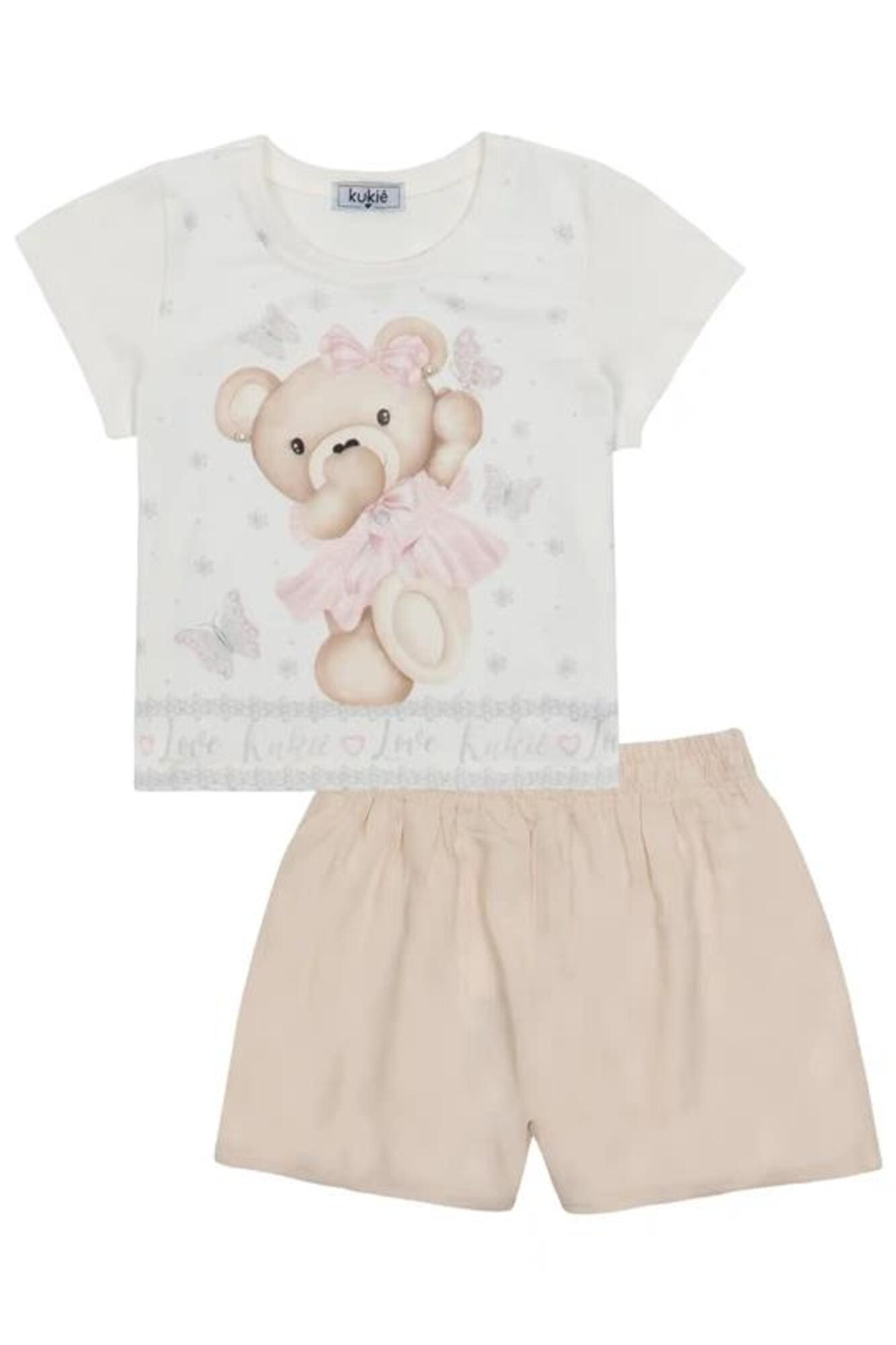 Conjunto Infantil Kukie com Shorts Bege e Blusa Branca Ursinha