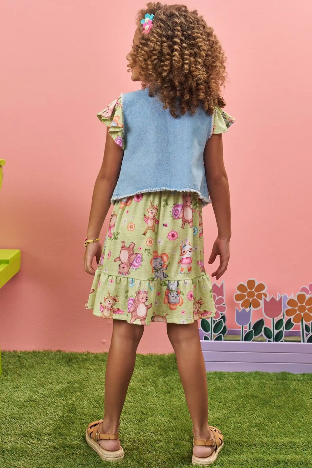 Vestido Infantil Kukie Verão Verde Animais Com Colete Jeans