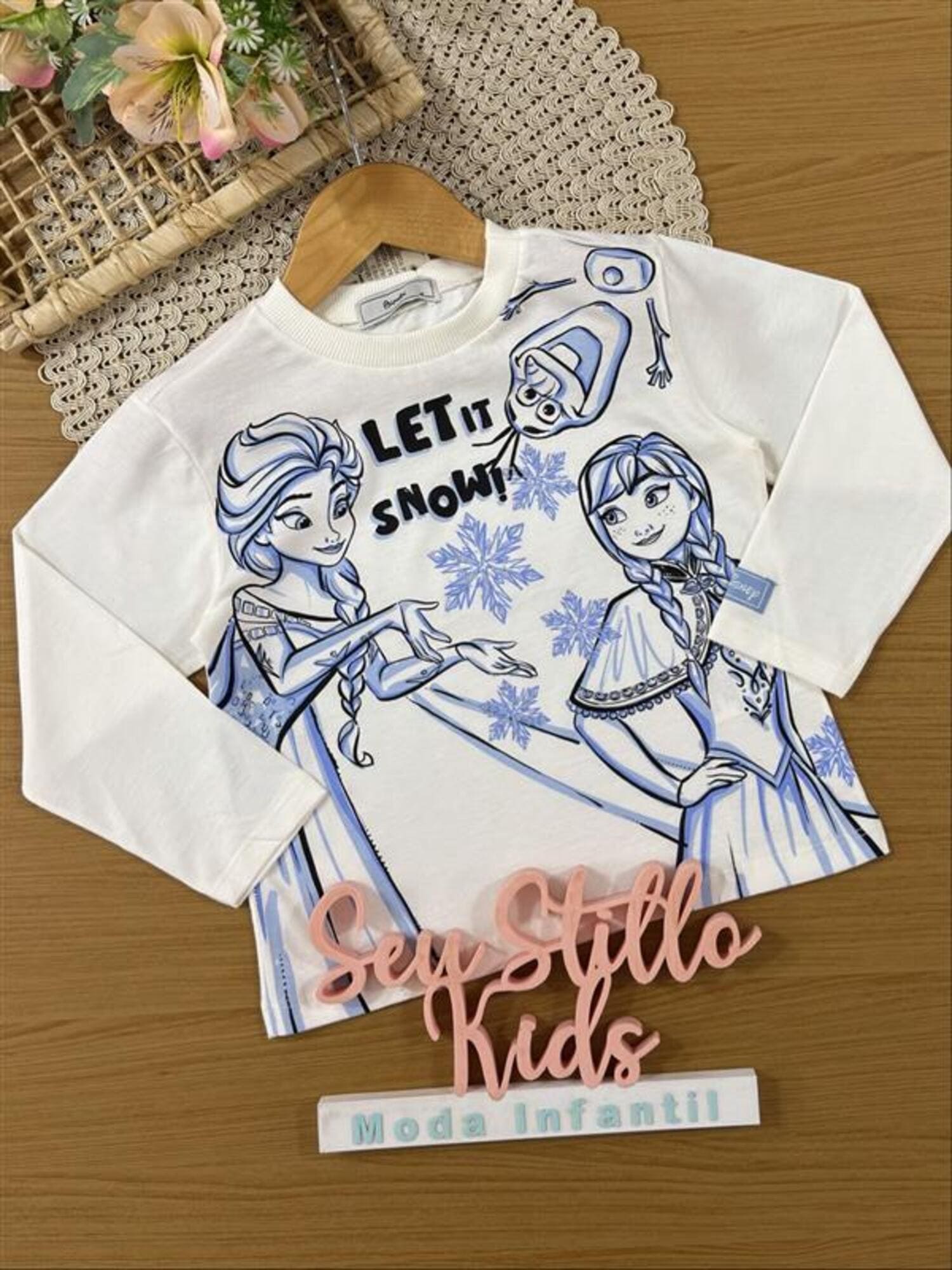 Blusa Infantil Bimbi Inverno Manga Longa Branca Elsa e Anna Frozen Disney