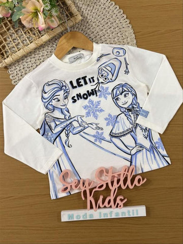 Blusa Infantil Bimbi Inverno Manga Longa Branca Elsa e Anna Frozen Disney