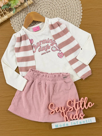Conjunto Infantil Momi Inverno com Saia Rosa e Blusa Manga Longa Charming Days