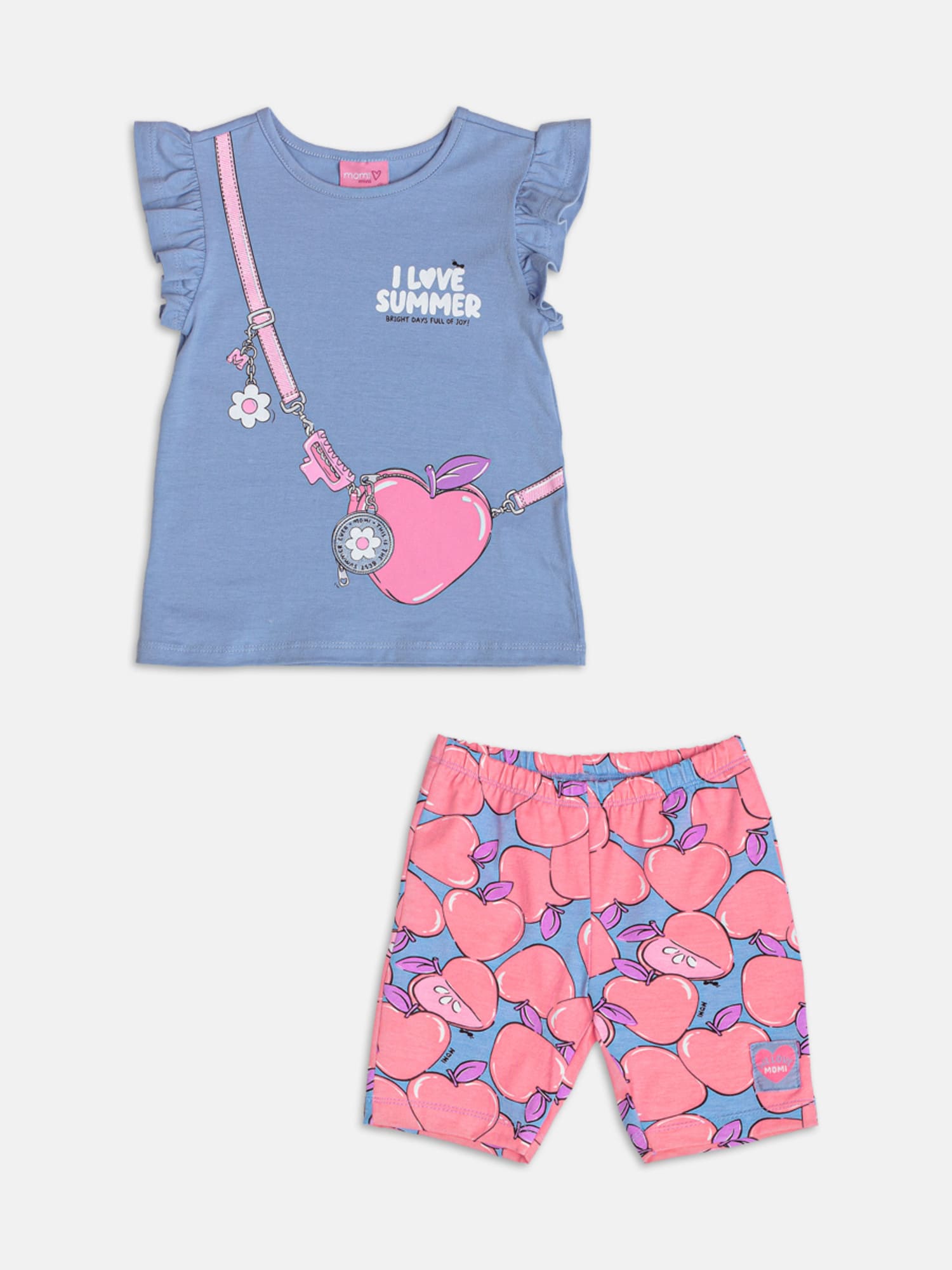 Conjunto Infantil Momi Verão com Shorts Ciclista e Blusa Azul Love Summer
