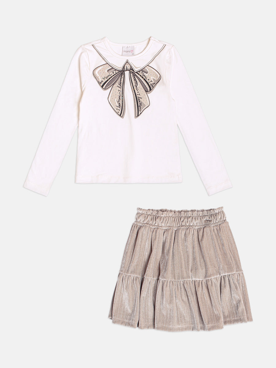 Conjunto Infantil Momi Inverno com Saia Cinza e Blusa Manga Longa Lacinho
