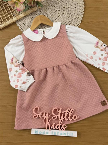 Salopete Infantil Cinti Inverno Rosa com Blusa Manga Longa Ursinha
