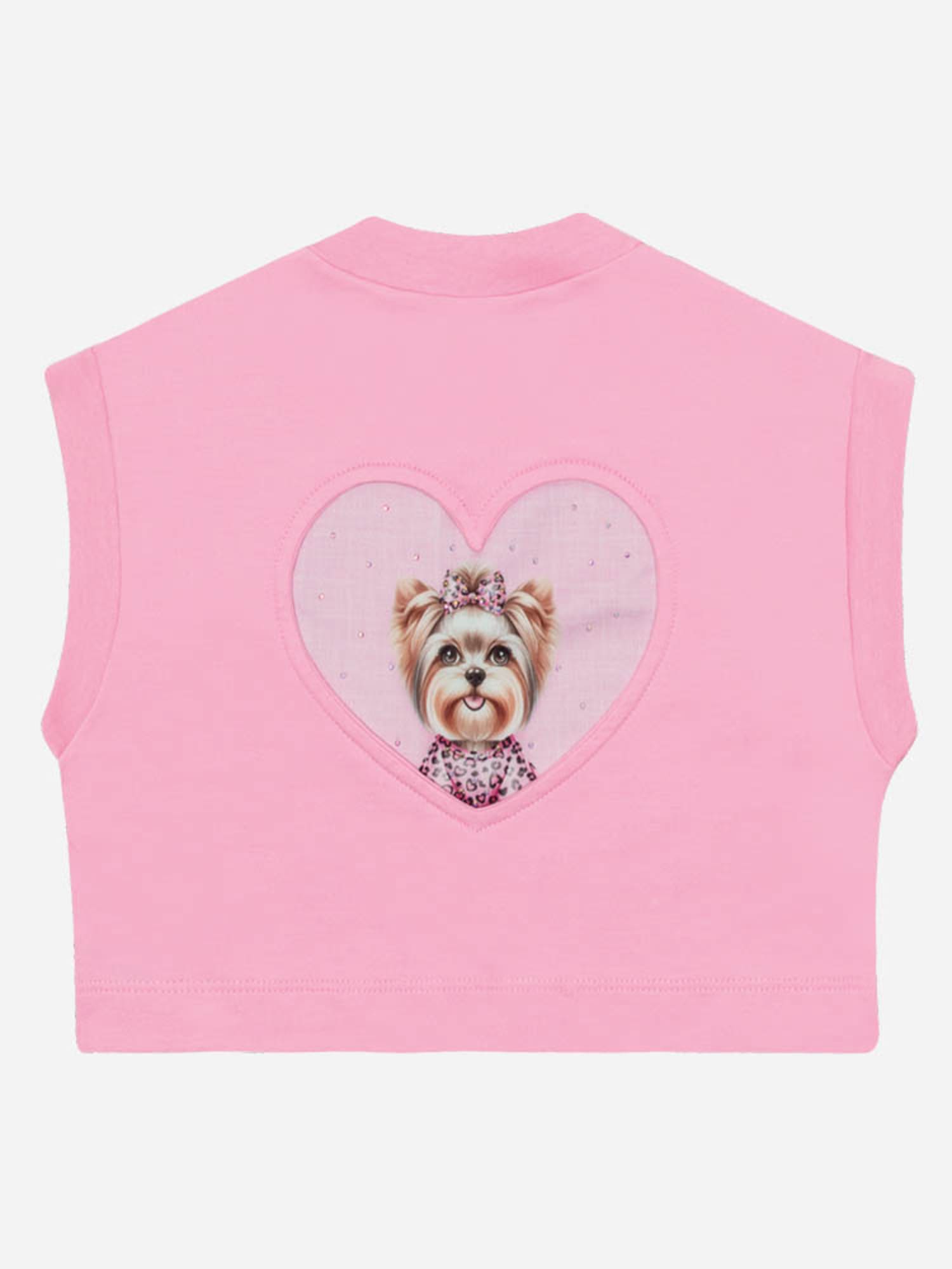 Conjunto Infantil Cinti Verão com Shorts e Colete Rosa Cachorrinha e Cropped Branco