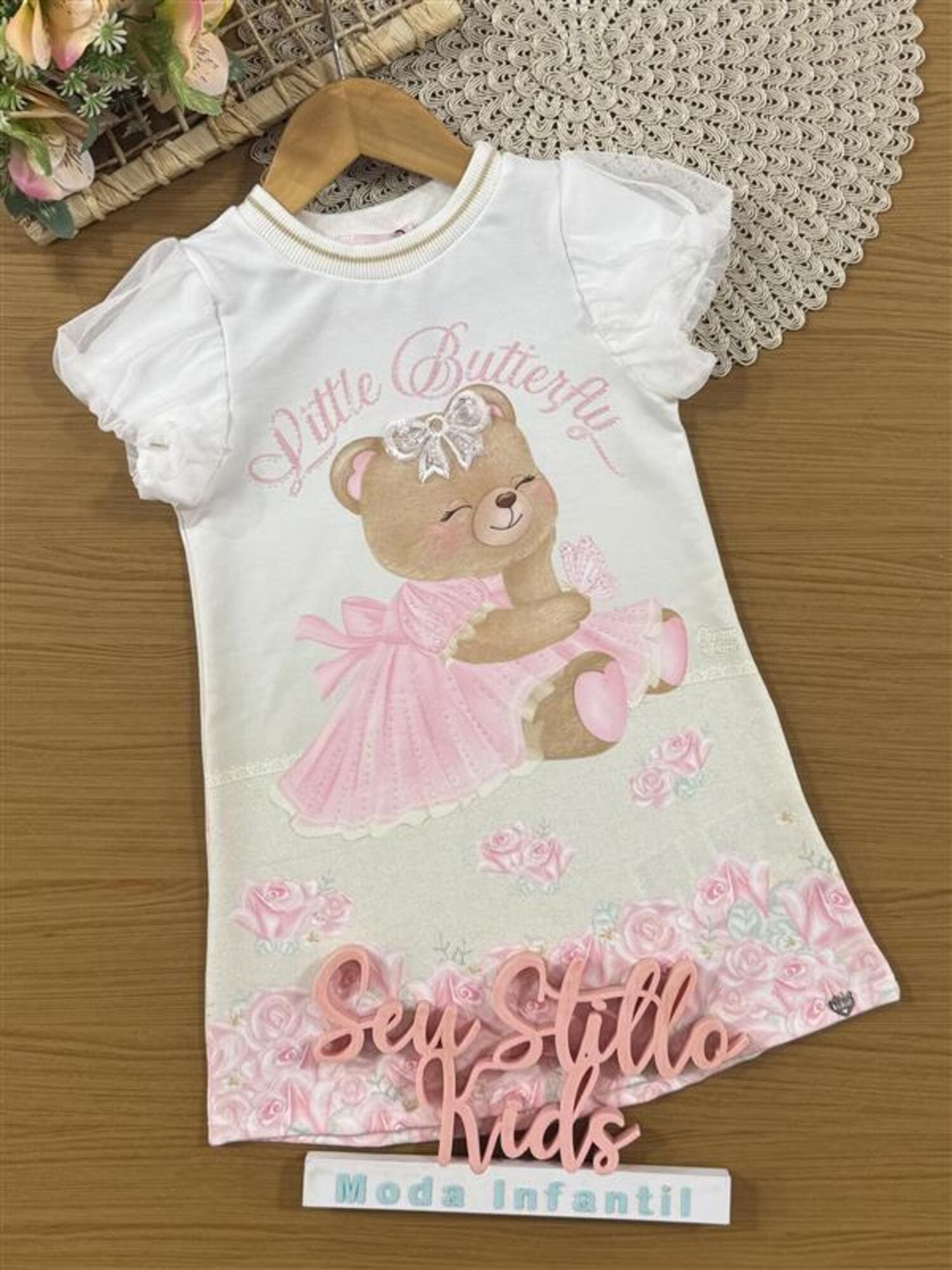 Vestido Infantil Kukiê Verão Off White Ursinha com Lacinho