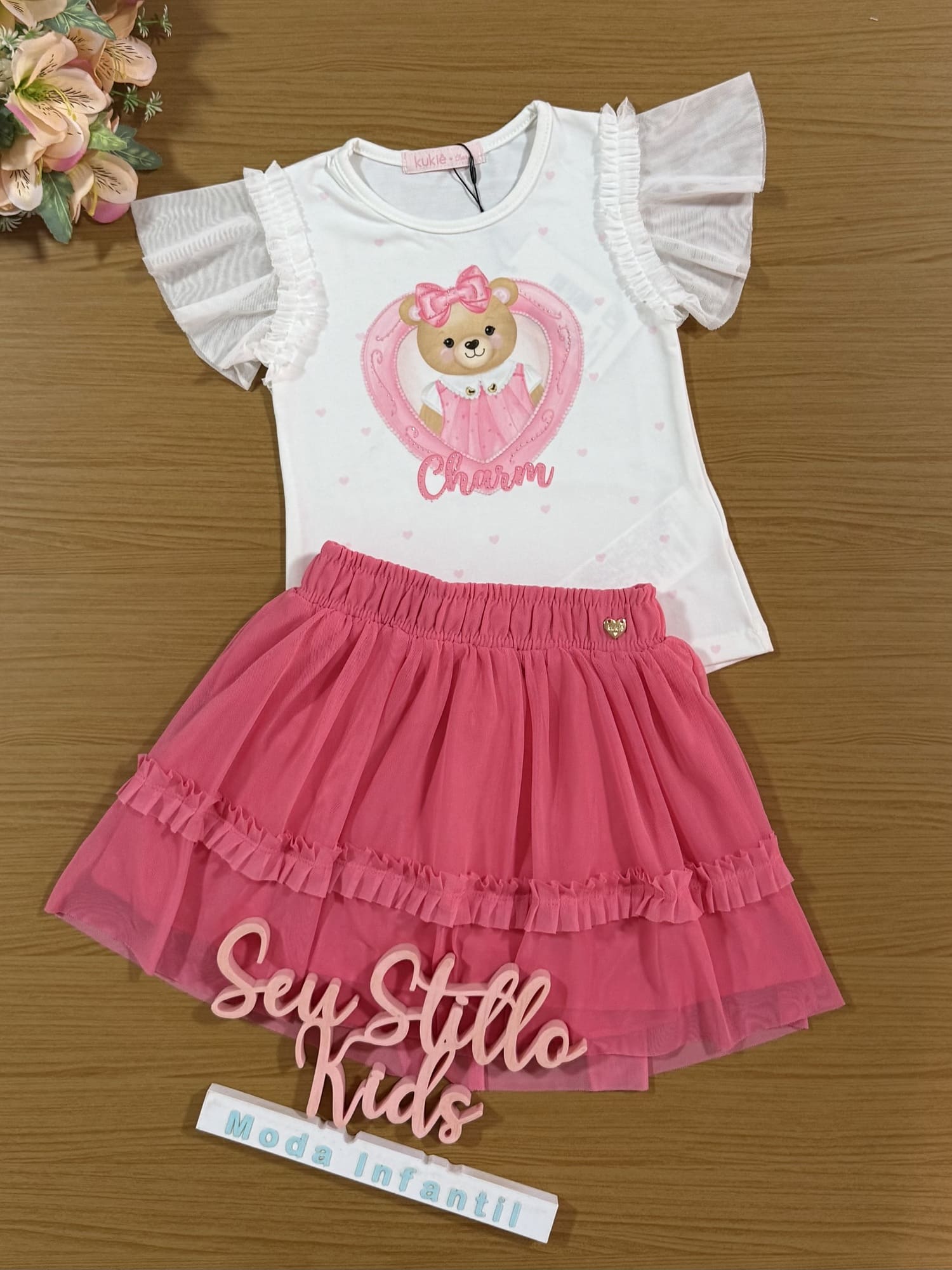Conjunto Infantil Kukiê Inverno com Saia Tule Rosa e Blusa Ursinha Charm