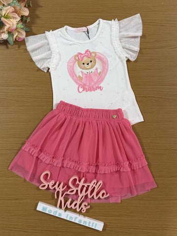 Conjunto Infantil Kukiê Inverno com Saia Tule Rosa e Blusa Ursinha Charm