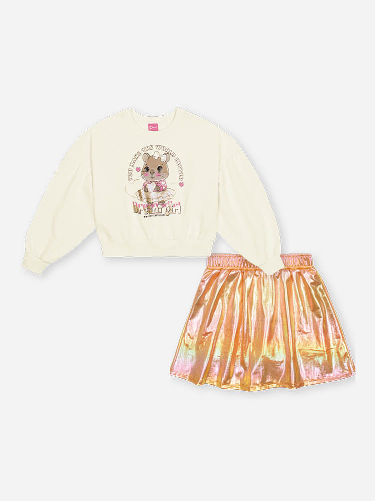 Conjunto Infantil Cinti Inverno com Saia Laranja e Moletom Capivara