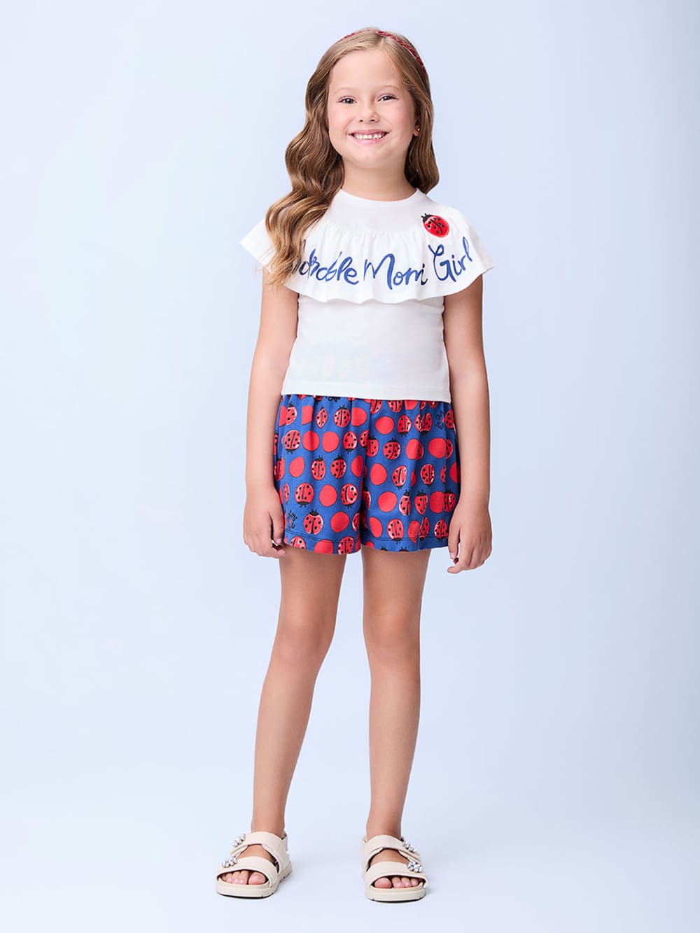 Conjunto Infantil Momi Verão Shorts Azul Joaninha e Blusa