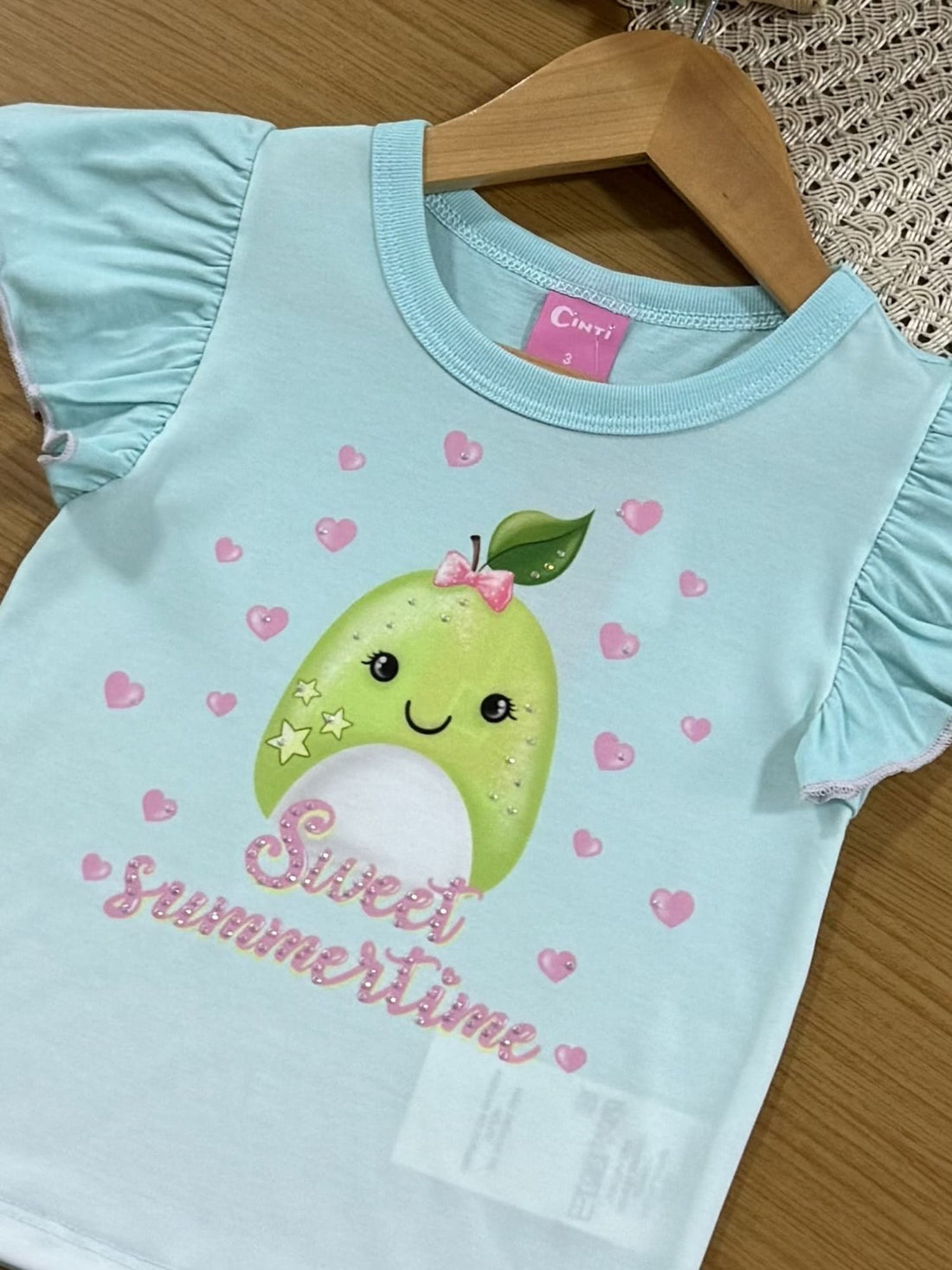 Blusa Infantil Cinti Verão Azul Pera com Strass