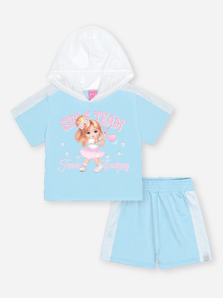 Conjunto Infantil Cinti Verão com Shorts e Blusa Azul Menininha Tênista