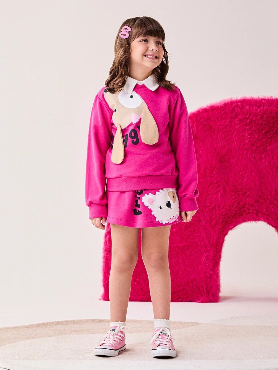 Conjunto Infantil Bimbi Inverno com Shorts Saia e Moletom sem Flanela Rosa Doggy