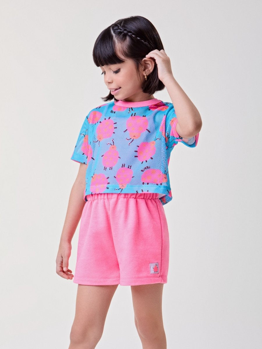 Conjunto Infantil Bimbi Verão, Shorts e Regata Rosa com Sobreposição em Tela Joaninha