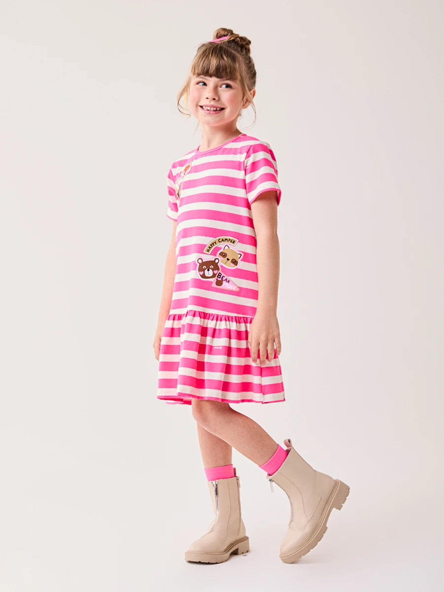 Vestido Infantil Bimbi Inverno Rosa Listrado Happy Camper