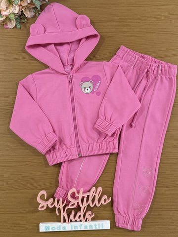 Conjunto Infantil Cinti Inverno com Calça e Jaqueta Rosa Ursinho Coração