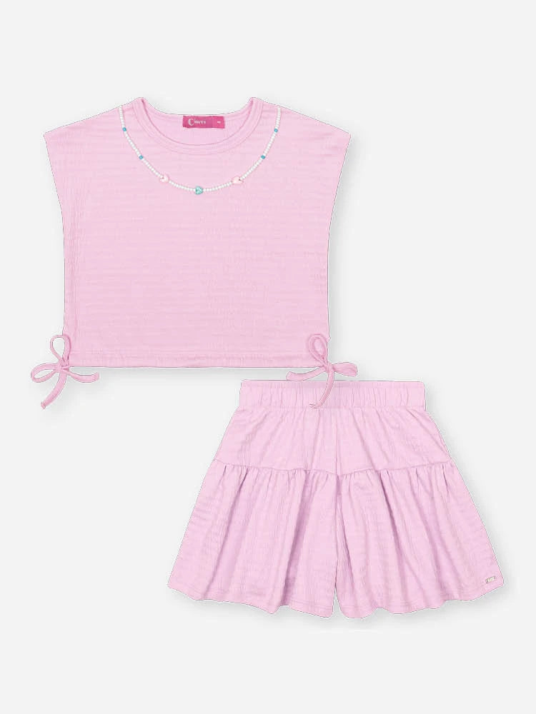 Conjunto Infantil Cinti Verão, Shorts e Blusa Lilás com Acessório