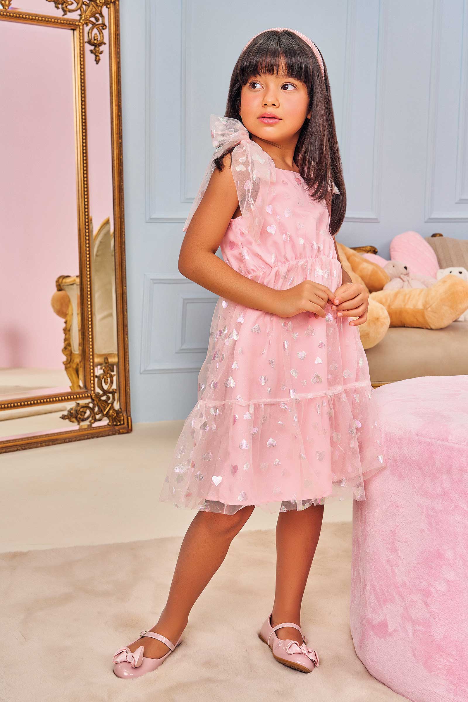 Vestido Infantil Kukie Verão Rosa Tule Coração
