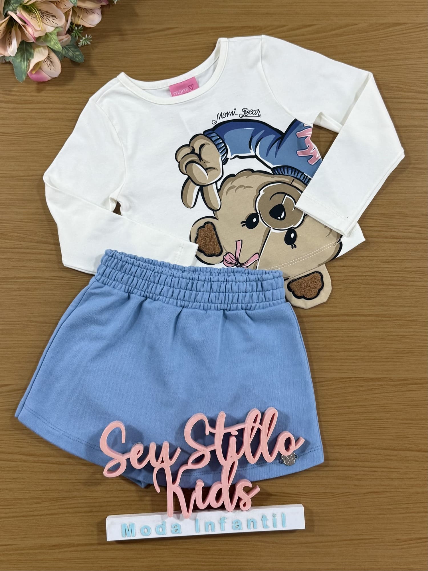 Conjunto Infantil Momi Inverno com Short-Saia Azul e Blusa Manga Longa Ursinha