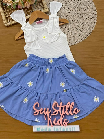 Conjunto Infantil Menina Momi com Saia Azul e Regata Florzinha