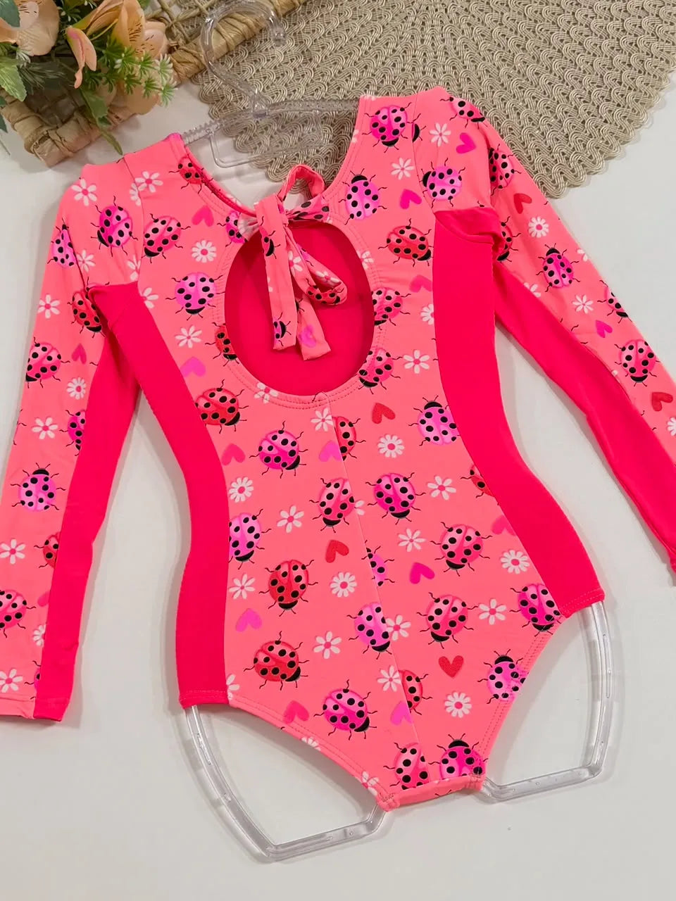 Maiô Infantil Siri Kids Manga Longa Joaninha Rosa Neon 43176