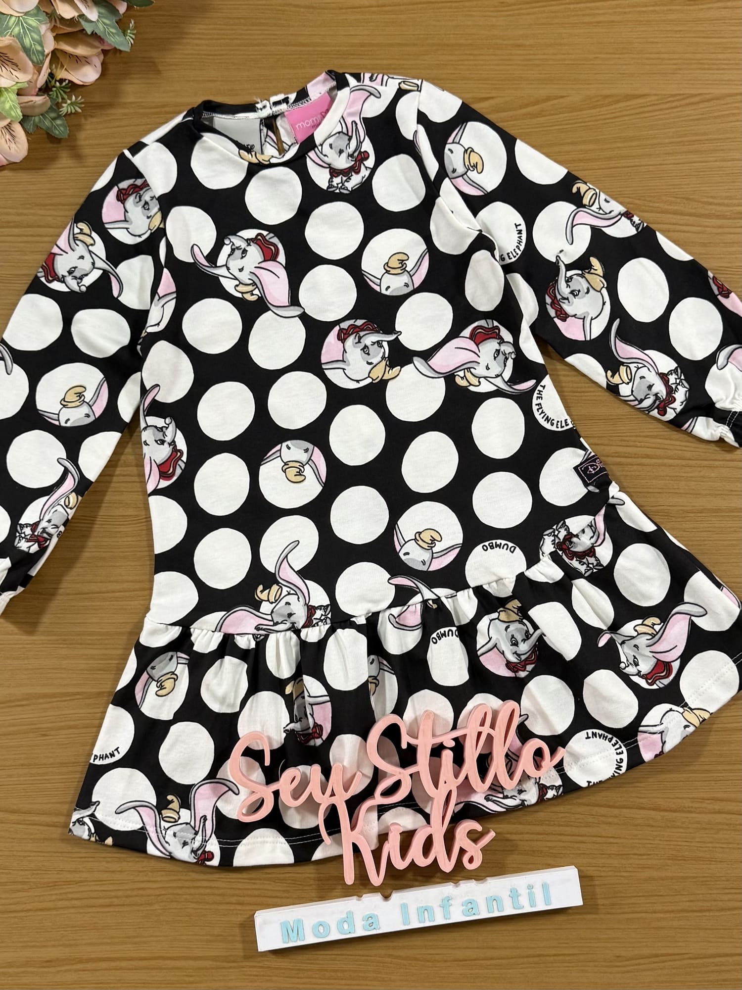 Vestido Infantil Momi Inverno Manga Longa Preto Dumbo Disney