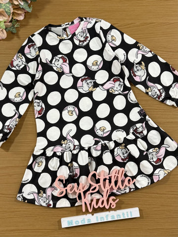 Vestido Infantil Momi Inverno Manga Longa Preto Dumbo Disney